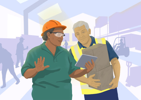Illustration of male and female factory workers